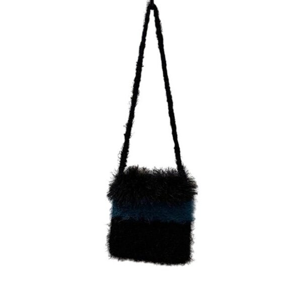 Handcrafted Black & Blue Fuzzy Crossbody Bag With Ornate Button Accent - Picture 5 of 7